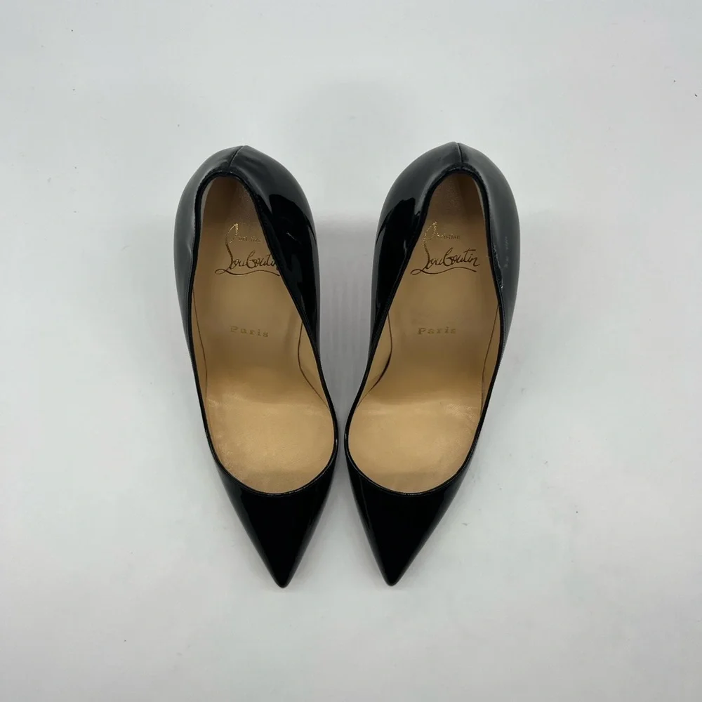 Christian Louboutin Black Patent Leather Pointed Toe Stilettos with Red Sole